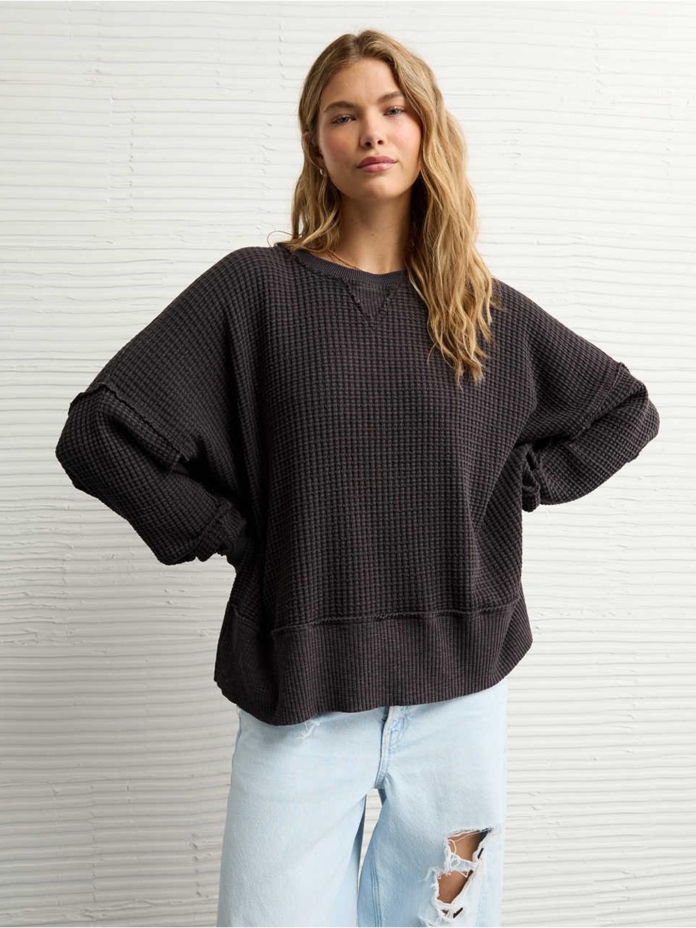 aerie Black Waffle Knit Pullover crewneck oversized sweatshirt size XL